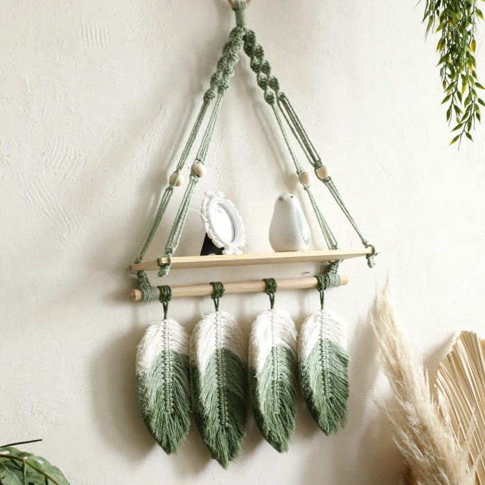 Green Macrame Hanging Shelf | Aesthetic Room Decor