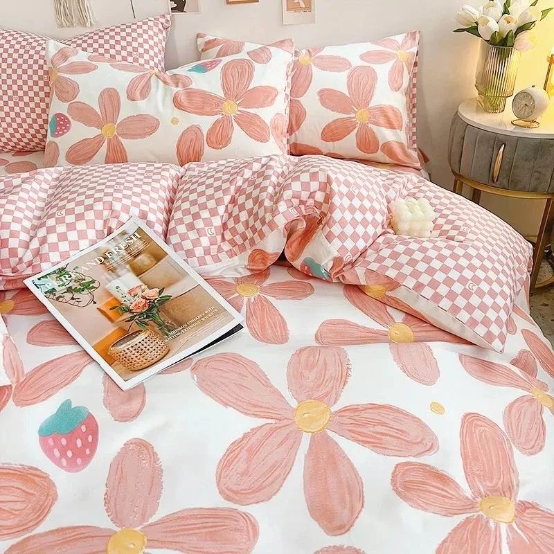 Girls Duvet Cover Twin Floral Aesthetic Bedding Sets White Pink