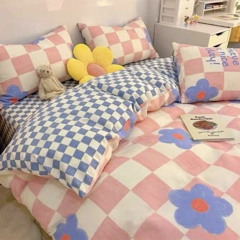Cute Bedding Set, Checkered Bedding Flat Sheet, Kawaii Dorm Bedding, A