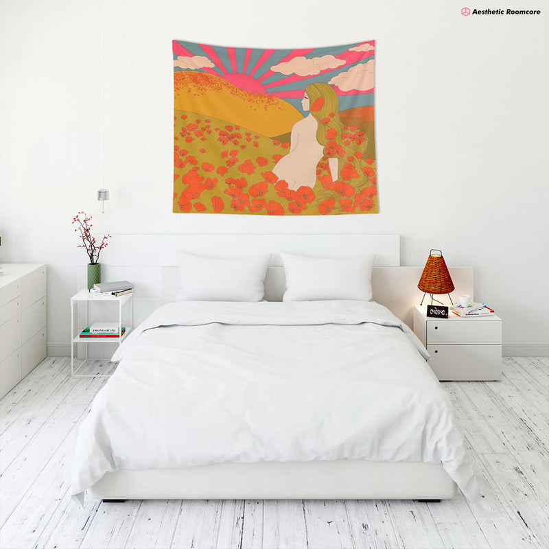 Retro Poppy Field Tapestry