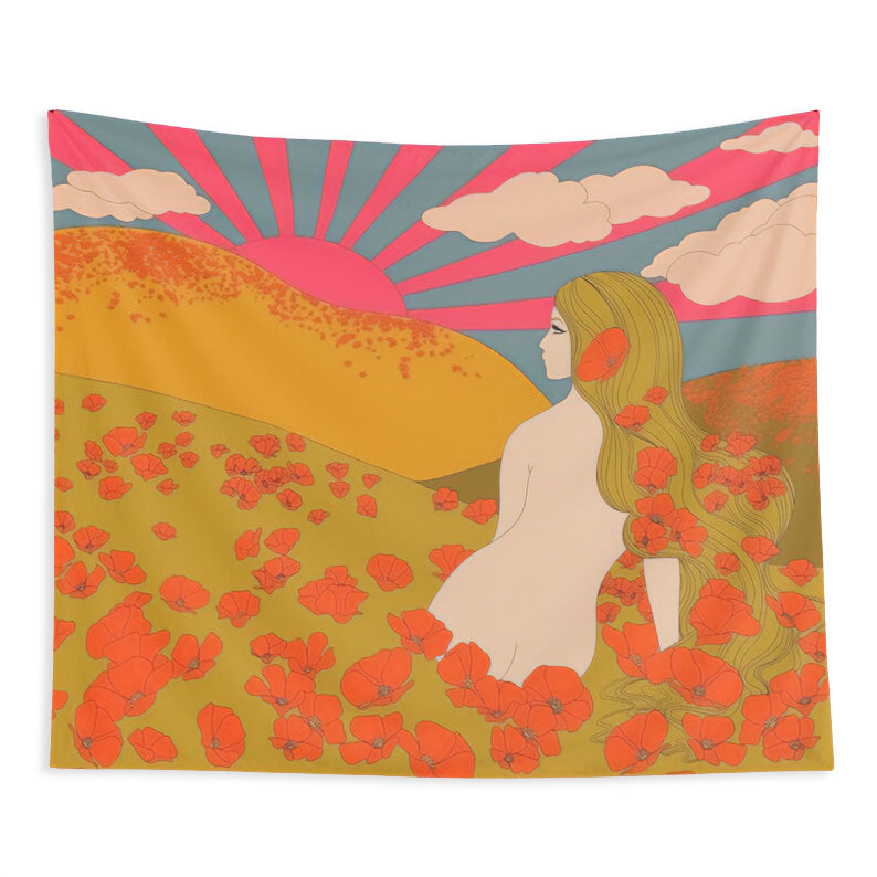 Retro Poppy Field Tapestry